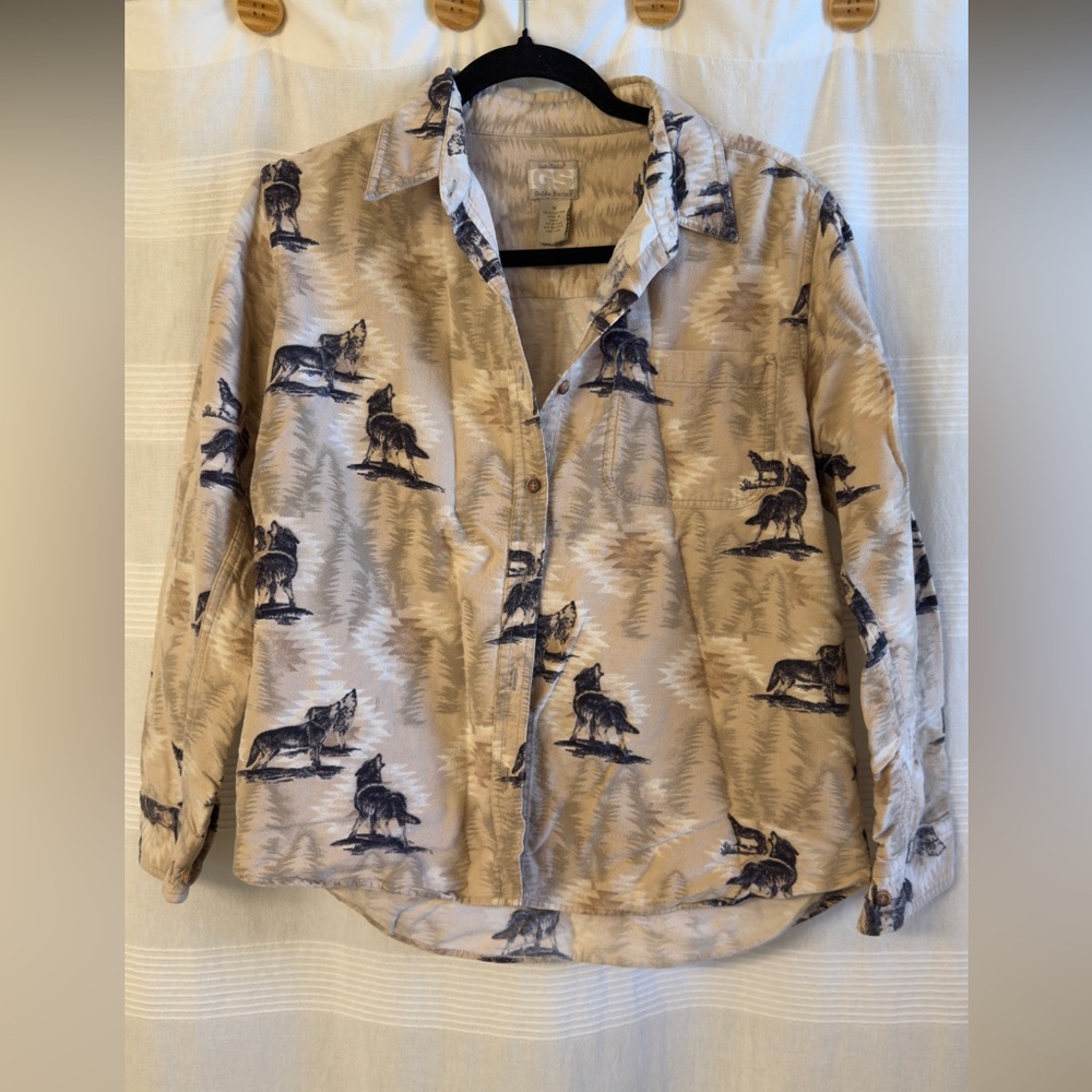 Wolf Print Button-Up Shirt Gander Mountain Vintage Western Top
